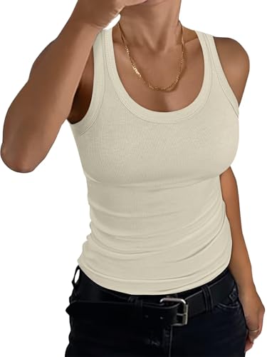 EADINVE Camiseta sin mangas acanalada con cuello redondo para mujer, básica, sin mangas, espalda cruzada, ajustada, 2025, Beige, XL