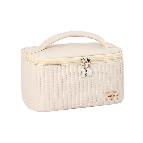 BONNY DODO Travel Portable Cosmetic Bag Beige Makeup Bag Cute Makeup Case Organizer Toiletry Bag for Women PU Leather Waterproof(Beige, Small)