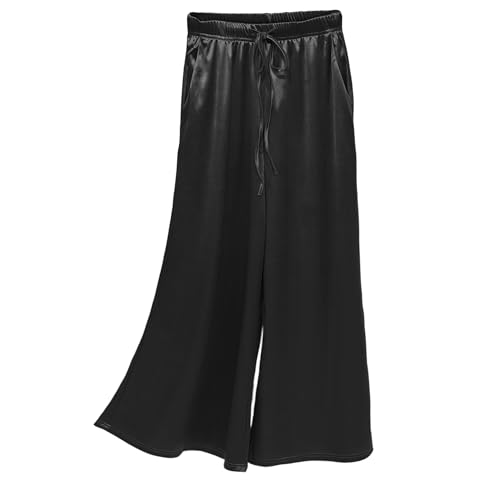 Women's High-Waisted Wide Leg Trousers, Silk Blend Casual Long Satin Pants, Loose Comfort Fit Straight Leg Design