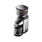 Tchibo elektrische Kaffeemühle, eingebaute Waage, Edelstahlmahlwerk, Kegelmahlwerk 26 Mahlgradeinstellungen, Schwarz/Silber