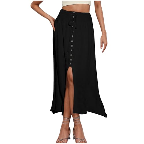 Split Maxi Skirt for Women Casual Elastic Waist Button Split A Line Dresses Flowy Swing Pleated Beach Long Skirts Black
