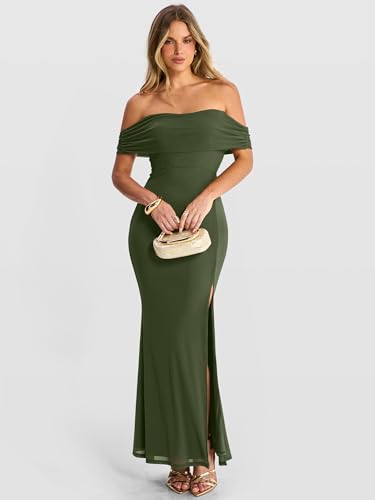 Caracilia Women’s Off Shoulder Maxi Wedding Guest Dress Summer Bodycon High Split Mesh Formal Cocktail Evening Party Dresses Army Green Large — view 2