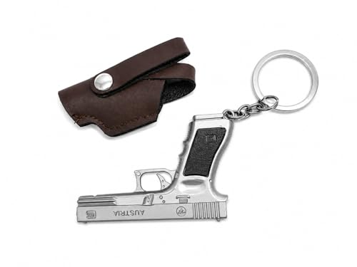 Image of Mini Metal Toy Gun Keychain with Leather Style Holster | Alloy Handicraft Collectible Key Ring | Stylish Pocket Keychain Gift for Boys & Men