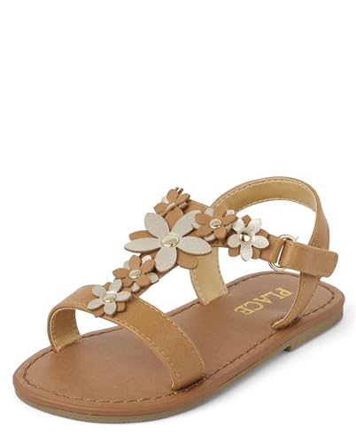 The Children's Place Baby Girls and Toddler T Sandals with Adjustable Ankle Strap, Tan Flower, 8