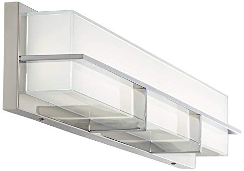 Possini Euro Design Linx Modern Wall Mount Light Led Chrome Silver Metal Hardwired 33 1/2" Wide Light Bar Fixture Rectangular White Glass Shade For Bathroom Vanity Mirror House Home Room Decor #TOP5