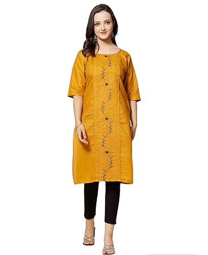Image of Vinchic Women's Round Neck A-Line Cotton Embroidery Mustard Kurti | L | (EmbMustard01-L)
