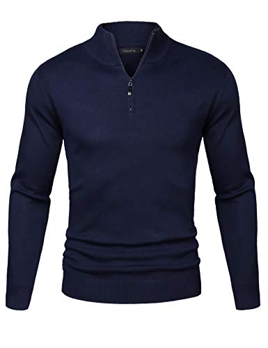 Sykooria Pull Homme à Col en V Hiver Coton en Col Droit Fermeture Éclair Classiques,Bleu Marin,S