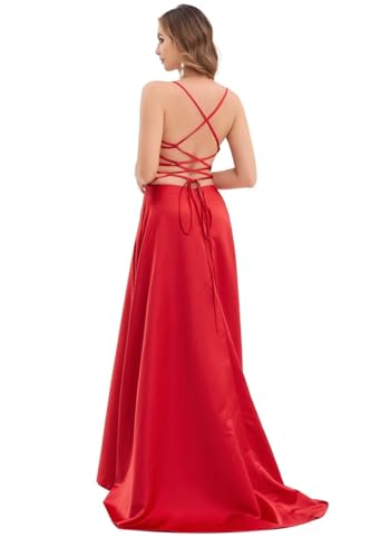 Image of Women's satinprome Dress Long Train Side Slit Satin for Teens Strap Spaghetti Backless with Pockets Red 8