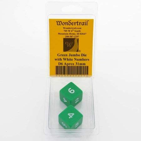 Green Jumbo Dice with White Numbers D6 25mm Pack of 2 Wondertrail