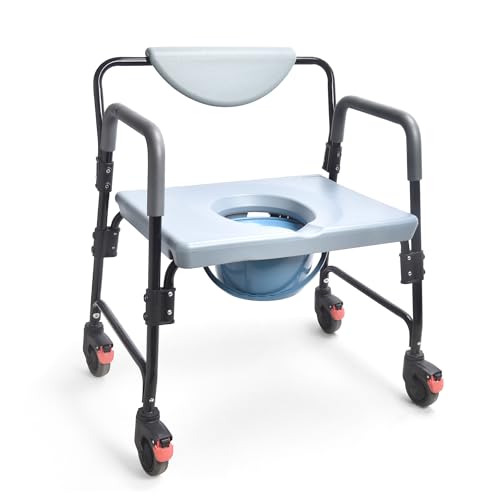 Sangohe Bedside Commode, Portable Toilet for Elderly, Rolling Commode with Wheels, Rear Locking Wheels, Bariatric Bedside Commode, 7-qt Commode Bucket Included, Extra Wide Seat, 601A