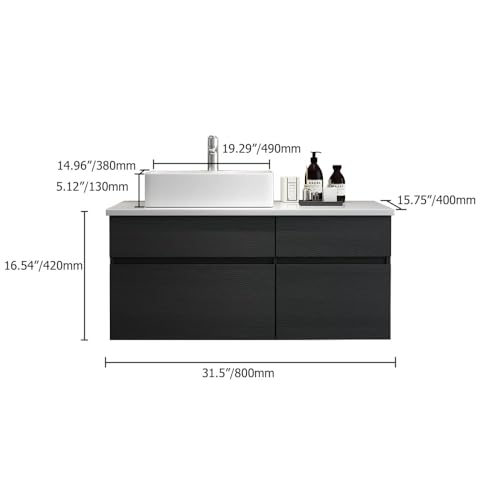 31'' Bathroom Vanity Floating Bathroom Sink Cabinet with Ceramic Vessel Sink Black & White Wall Mounted Floating Vanity
