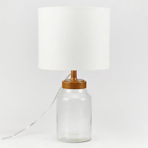 ONESKYLUMINA 20 H Clear Glass Fillable Table Lamp with White Shade and Faux Wood Base (Bulb Not Included)