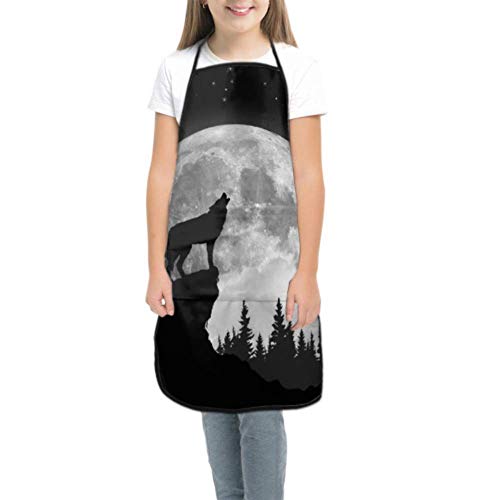 Chef Apron Girls Creepy Wolf Howling At Midnight Full Moon Childrens Play Apron Childrens Chef Apron Waterproof With Pocket For Cooking Baking Painting And Party