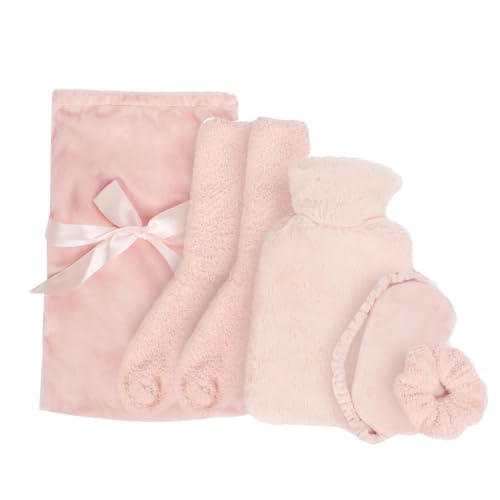 OHS Hot Water Bottle Gift Set Blush Pink Gift Set Women Super Soft Warm Cosy Winter Christmas Gifts - 750ml Hot Water Bottle with Cover Eye Mask Fluffy Socks Fluffy Scrunchie Draw String Bag