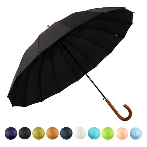 SoulRain 16 Ribs 48" Stick Umbrella Auto Open Solid Color Fashionable and Simple，Arc Classic Wood Handle，Windproof Unbreakable Stick Rain Umbrella (Black)