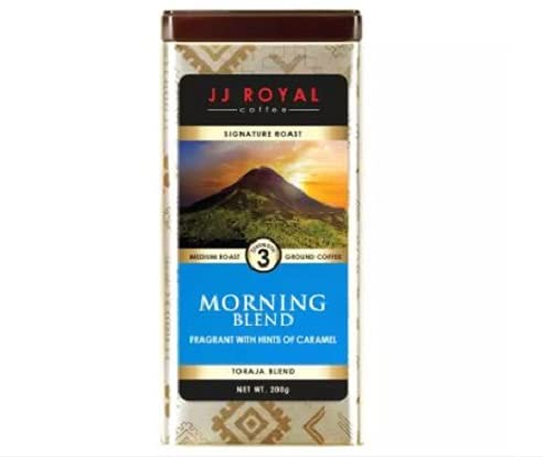 JJ Royal CoffeeMorning Blend Ground Coffee 200g - Morning Blend is crafted using specialty coffee beans from Toraja and Sumatra. Our medium-dark roast enhances the coffee's robust, caramelly aroma.