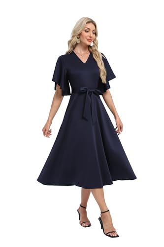 Image of DNFUN Women's Cocktail Dresses 2025 Formal Wedding Guest Church Modest Christmas Party Prom Dress Navy