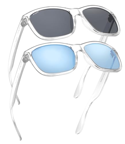 Image of 2 Pack Polarized Sunglasses for Women and Men, Fishing Driving Sun Glasses UV Glare Protection RFS8201 (Clear Frame Black Lens + Clear Frame Mirrored Blue Lens)