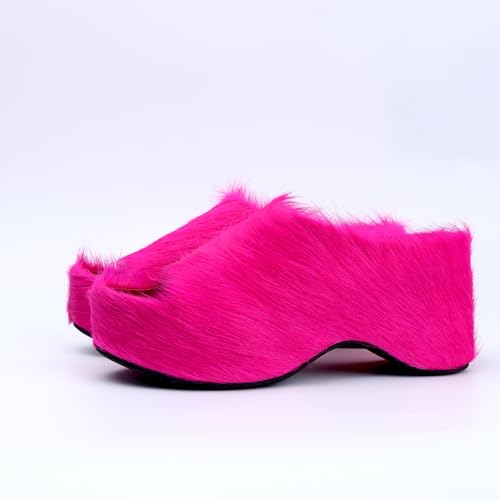 Image of XOBZJH Long-Hair Calfskin Chunky Clog Slide for Women - Memory Foam Luxury Slip on Shoes Women's Mules & Platform Clogs,Designer Mules for Women 2025