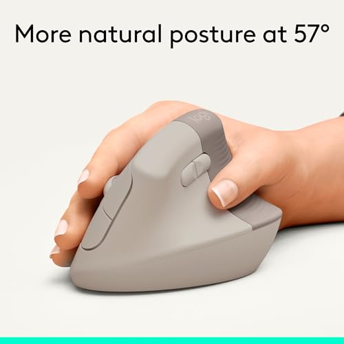 Image of Logitech Lift Vertical Ergonomic Mouse, Wireless, Bluetooth or Logi Bolt USB Receiver, Quiet clicks, 4 Buttons, Compatible with Windows /macOS /iPadOS, Laptop, PC - Sand