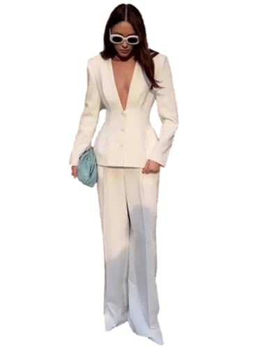 Women's Two Pieces Suit Single Breasted Button Jacket and Long Pants for Work Office Collarless Tuxedos