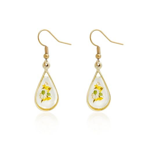 Jean Beau Handmade Pressed Flower Earrings for Women Unique Resin Yellow Dried Flowers Gold Plated Teardrop Dangle Drop Nature Floral Earings Fashion Summer Jewelry Gift