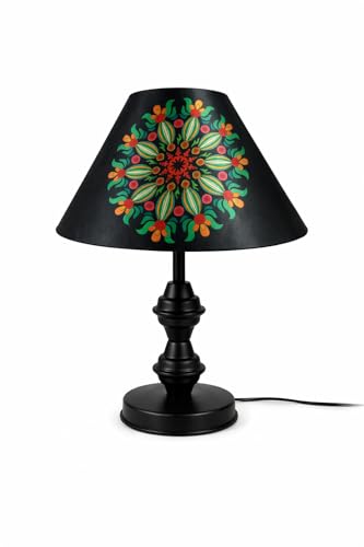 Image of tu casa Modern Table Lamp with Crimson Floral Satin Shade | Metal Iron Base Decorative lamp for Living Room| Study & Home Decor, Designer Table Lamp for Gifting (Radiant Mandala Bloom)