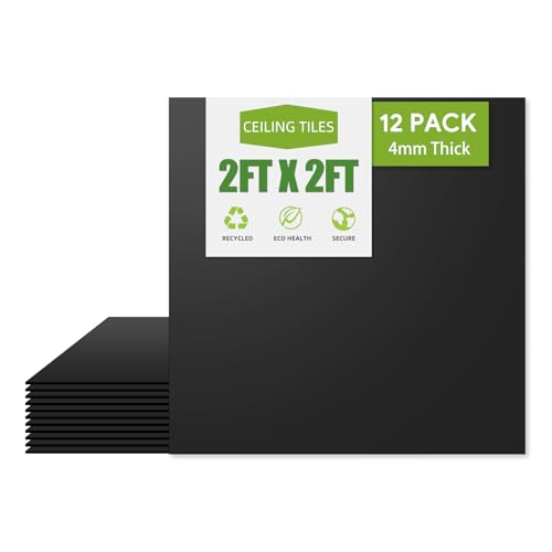 Noooza 2ft x 2ft Drop Ceiling TilesSmooth Black PVC Ceiling Tiles 24 x 24in. Waterproof Washable and Fire-Rated - Reusable - High-Grade PVC to Prevent Breakage-Package of 12 Tiles