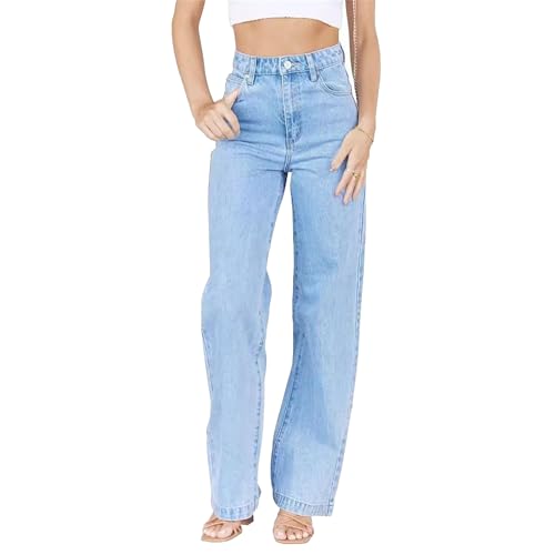 Women's High Waisted Elastic Jeans Trendy Straight Leg Baggy Jeans Welt Pockets Wide Leg Denim Pants