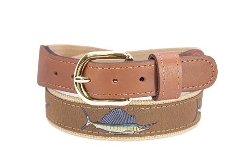 ZEP-PRO Billfish Slam Men's Woven Ribbon Belt – Repeating Game Fish Design With Tan Full Grain Leather Tabs – 1.25