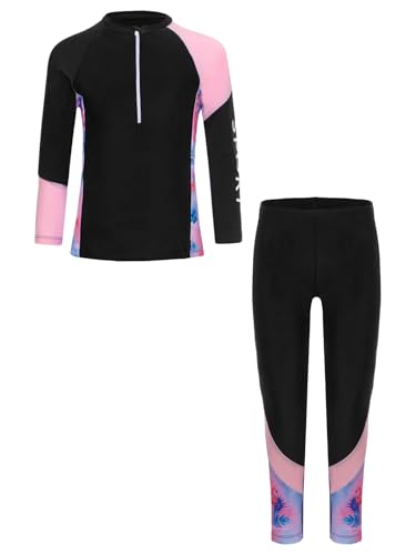 Kids Girls 2Pcs Rash Guard Long Sleeve Zipper Tropical Print Swim Tops with Pants Surfing Bathing Suit