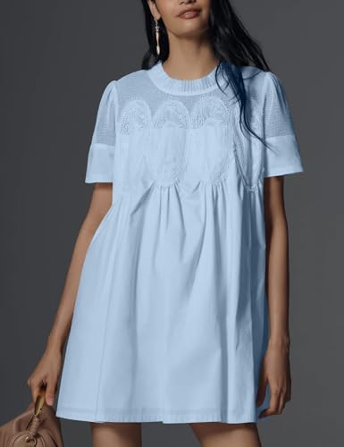 Image of Shiyifa Womens Babydoll Lace Patchwork Dresses Summer Short Sleeve Ruffle Sundress Loose Crew Neck A-Line Dresses