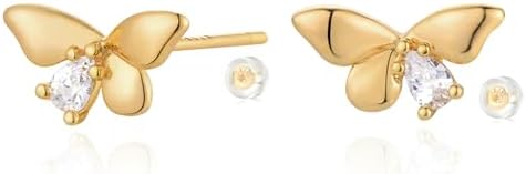 Butterfly Stud Earrings for Women 14K Gold Plated S925 Sterling Silver Post Cubic Zirconia Butterfly Earrings Lightweight Jewelry Gifts