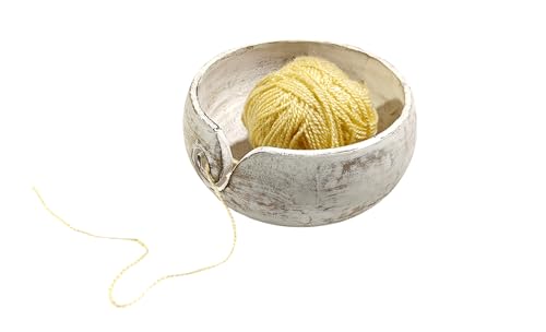 Image of Handmade Acacia Wood Yarn Bowl - Large Knitting & Crochet Holder for Tangle-Free Crafting - 6.5 inch x 3 inch (Antique White) - Gift for Knitters & Crocheters