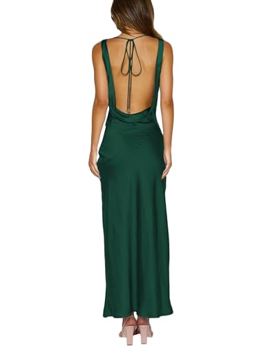 Image of KOUNAI Satin Backless Formal Maxi Dresses for Women Wedding Guest | Silk,Cowl Neck,Drape Neck,Open Back,Sleeveless,Tie Back,Elegant,Cocktail,Bridesmaid,Beach,Vacation,Party,Graduation,Midi