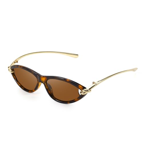 SODQW Gold Cat Eye Sunglasses for Women Trendy Retro Cateye Designer Sun Glasses with Metal Temples 2025 Fashion Shades