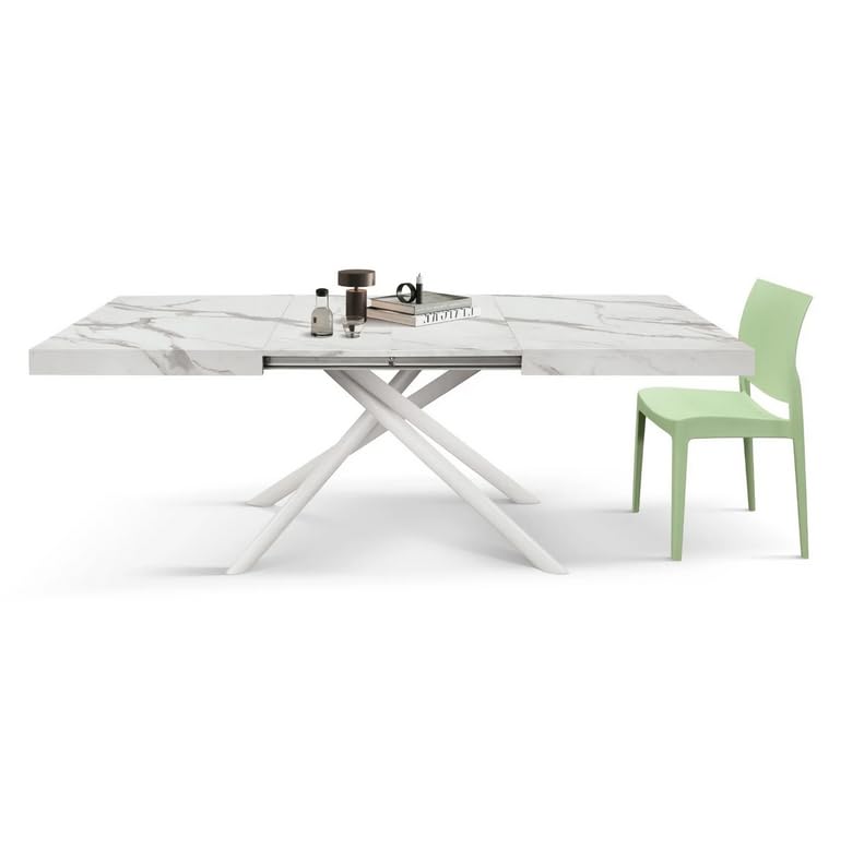 KONTE.DESIGN Tavolo CARRARA in legno, finitura bianco statuario e gambe in metallo bianco, allungabile 160x90 cm - 240x90 cm