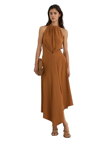 REISS Womens' Maeve Drape Detail Occasion Midi Dress Rust Orange