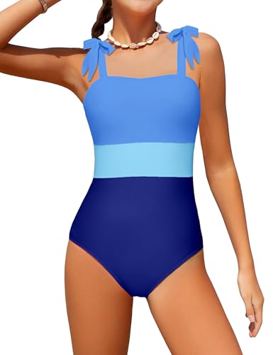 Image of Girls Swimsuit One Piece Casual Color-Block Adjustable Straps Girls Bathing Suit Swimwear 9-16T