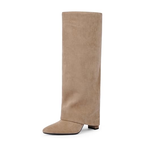 Image of Knee High Boots Women Fold Over Boots Chunky Heel Pointed Toe Tall Boots | Fashion Slouchy Boots,Side Zipper Shark Boots,Fall Spring Winter Fashion Dress Tall Boots,Evening Bridal office Long Boots