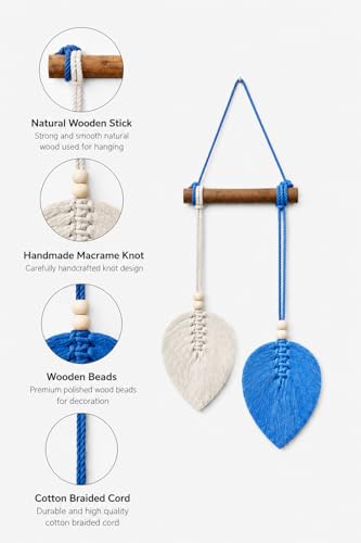 Image of AdFashionble Boho Macrame Wall Hanging Leaf Decor for Home, Living Room & Bedroom | Cotton Thread Art with Wooden Rod | Minimalist Handmade Wall Decoration | Aesthetic Nordic Wall Art for Home, Office & Gift Purpose Lenght- 58 cm Width- 15 cm (ROYAL BLUE & OFFWHITE)