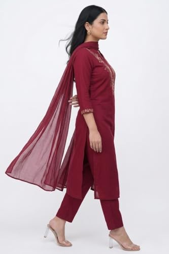 Image of Stylish Maroon Printed Anarkali Kurta and Pant Set for Women | Rayon Kurti with Chikankari Neckline & Chanderi Cotton Dupatta