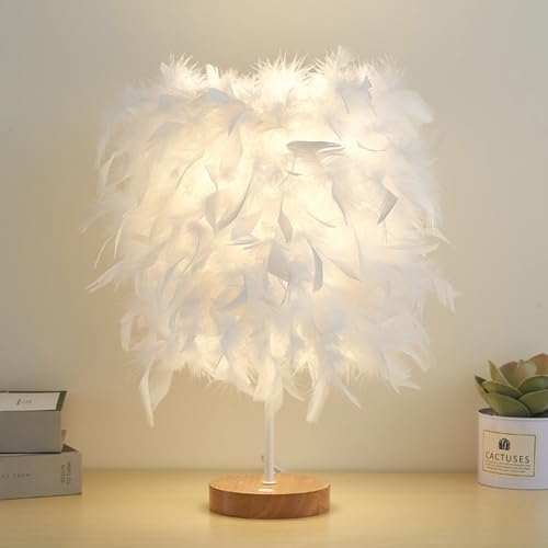 Meichoon Feather Table Lamp USB Plug-in LED Decorative Ambient Night Light Fixed Warm Light Soft Eye Protection for Bedroom Living Room LE22 White - Image 4