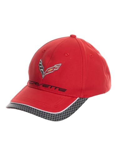 Calhoun Officially Licensed Chevrolet Corvette Hat for Men Red Structured Baseball Cap with Raised Cross Flags Logo Adjustable Strapback Cap Automotive Enthusiast Gift