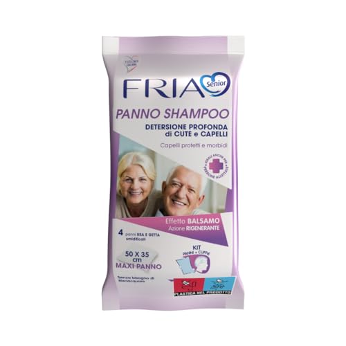 Fria Senior Maxi Panni Shampoo per la Detersione Profonda di Cute e Capelli degli Anziani, Ideali per Persone Allettate, Effetto Balsamo, Dermatologicamente Testati, Confezione da 4 Maxi Panni+Cuffie