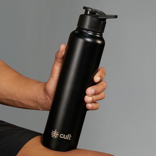Image of CULT Steel Water Bottle 1 Ltr - Stainless Steel Water Bottle for School Kids, Men & Women | Leakproof Gym Sipper & Metal Fridge Bottle | Insulated 1 Litre Flask for Office & Travel (Black)