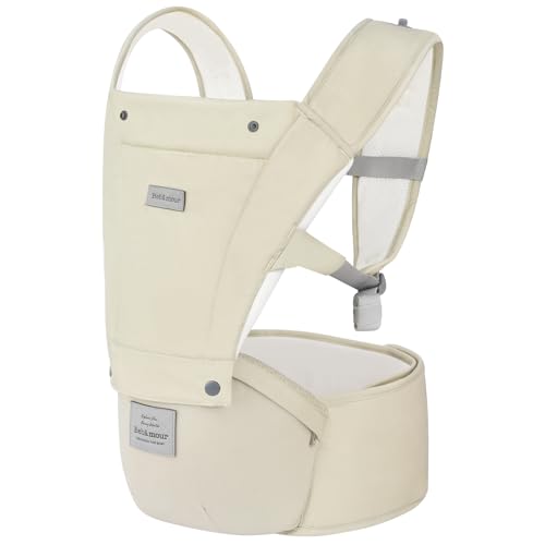Bebamour Baby Carrier Safety-Certified Hip Seat Baby Carrier Newborn to Toddler Baby Hipseat 0-36Months with Head Hood, 3 PCS Teething Pads, Waist Extender & Storage Bag (Khaki)