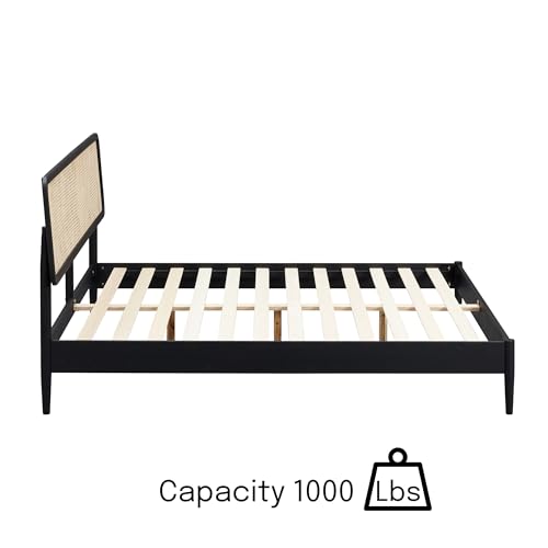 Image of NTC Lupin Wooden Bed Frame with Headboard and Natural Rattan, Solid Oak Foundation with Silent Slats, 1000 Lb Capacity, Effortless Assembly, King - Burnt Black