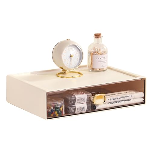 DETEIN Stackable Desk Organizer with Drawer 13'' Wide Large Desktop Storage Drawer Organizer Clear Plastic Organizer Drawer for Office,Stationery,Cosmetics,Accessories (1 PACK,L-1 Drawer,Cream White)