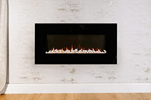 Marco Paul Black Wall Mounted Electric Fire Realistic Flame Effect with Decorative Pebbles Hearth Modern Tempered Glass Fireplace with Remote Control for Home Living Room Heating Energy Efficient